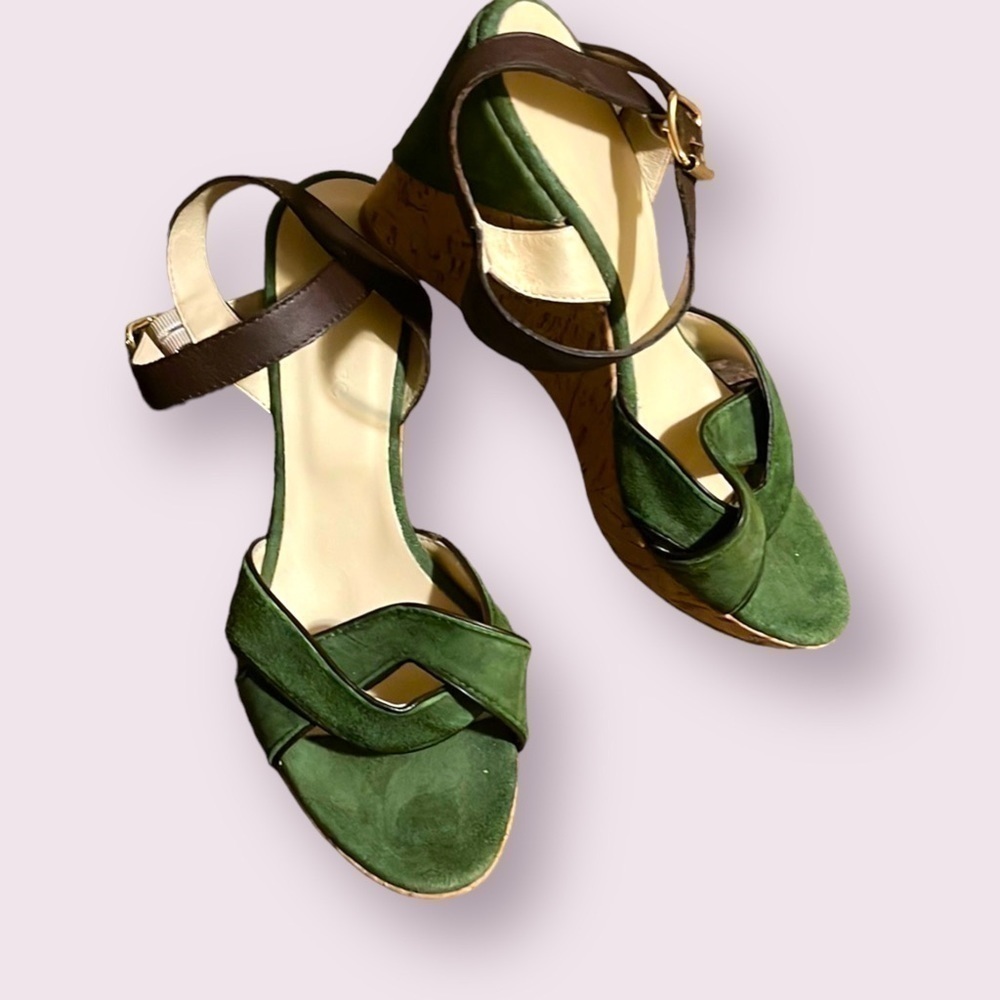 SUNDANCE Rendezvous Wedge Sandal Cork Size 39 Green Suede Leather